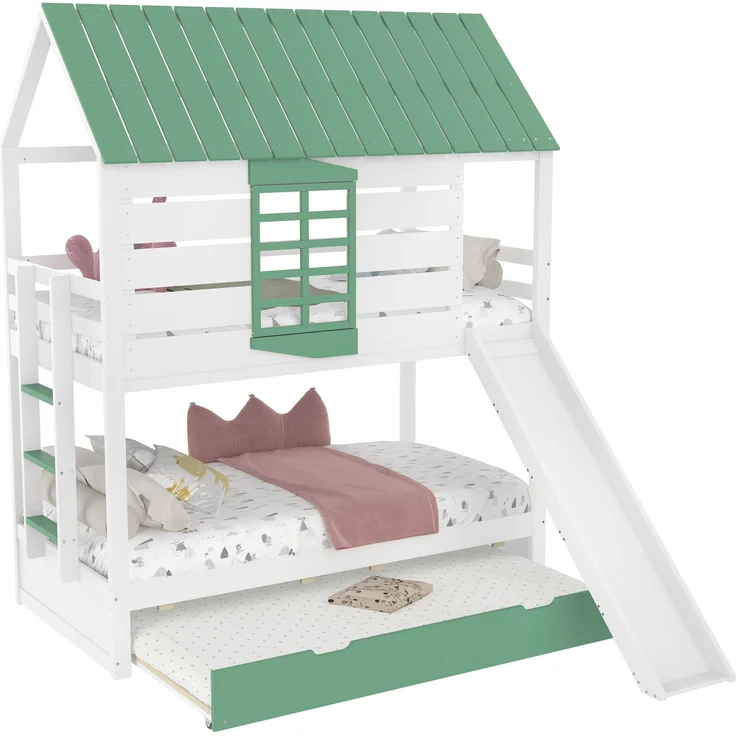 Etagenbett mit 2 Liegeflächen, Gästebett, Lattenrost, Dach, Rausfallschutz, Rutsche, 90x200cm, Kinderbett, Hausbett, Kiefer – Bild 10