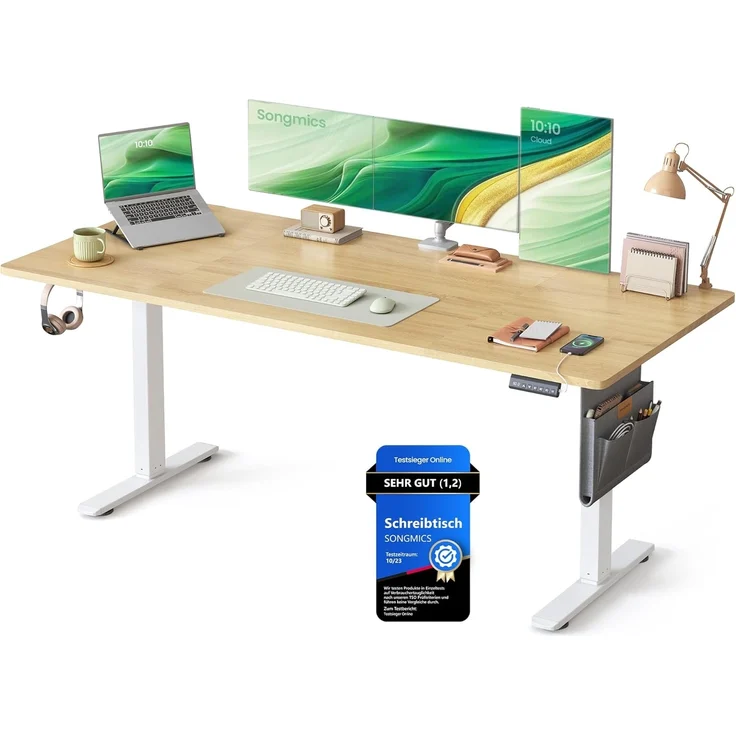SONGMICS Höhenverstellbarer Schreibtisch elektrisch, 180x80 cm, Memory-Funktion mit 4 Höhen, USB-C-Anschluss, goldeichenfarben LSD138YA01 – Bild 1