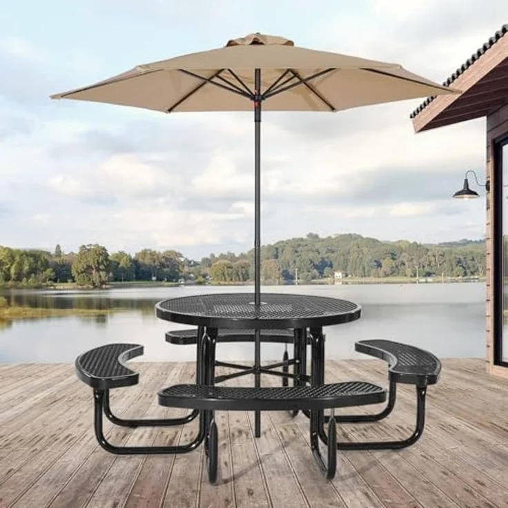 VEVOR Picknicktisch (rund) mit 4 Bänken Sitzgarnitur, wetterfestes Gartenmöbel-Set für Terrasse, beschichtete Stahltische mit Loch für Schirm, Gartengarnitur für Hinterhof Veranda (schwarz) – Bild 2