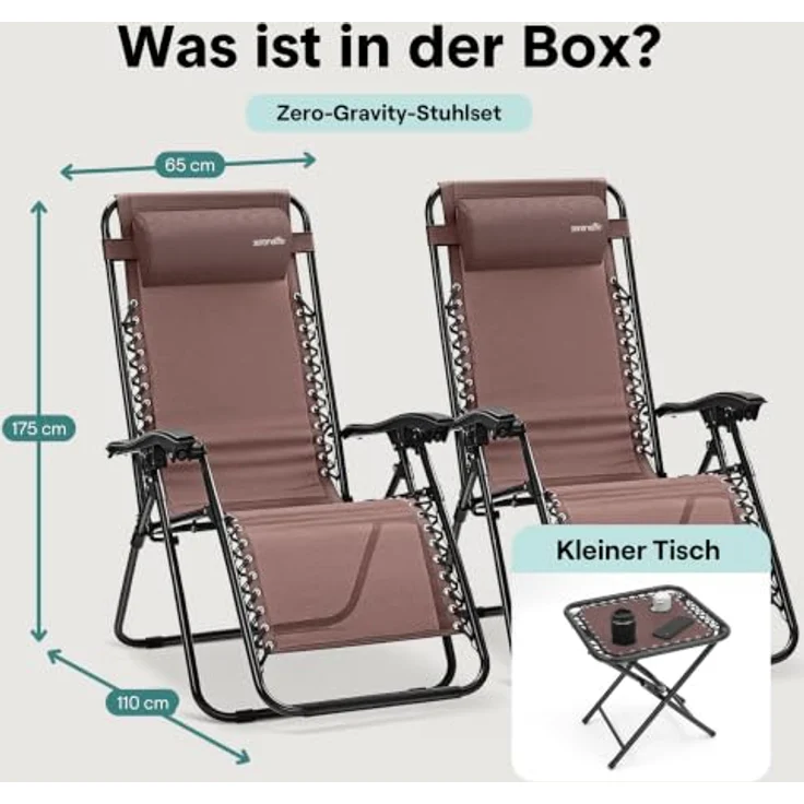 SereneLife Sonnenliege Klappbar 2er Set mit Tisch, Zero Gravity Liegestuhl Garten, bis 120 kg Braun, Verstellbar und Wetterfest, mit Getränkehalter und Kopfkissen, für Balkon Strand Camping – Bild 2