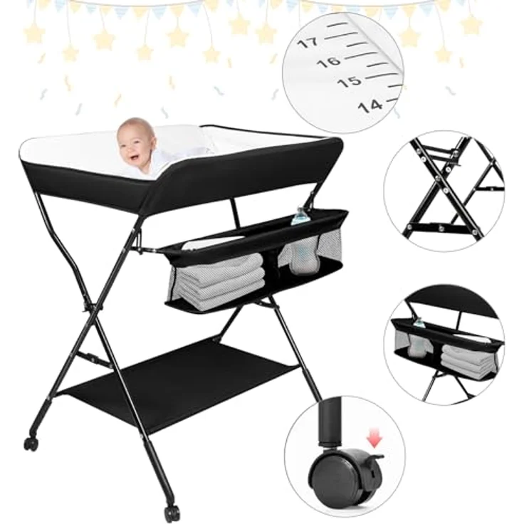 Wickelstation für Baby, Wickeltisch, faltbar, tragbar, Wickeltisch, faltbar, tragbar, mit Aufbewahrungskorb, maximale Belastung von 25 kg,86 x 62 x 96 cm (Schwarz) – Bild 3