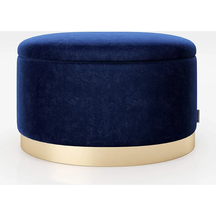 PLAYBOY - ovaler Pouf ROSANNE" gepolsterter Sitzhocker mit Stauraum, Samtstoff in Blau, goldener Metallfuss, Retro-Design"