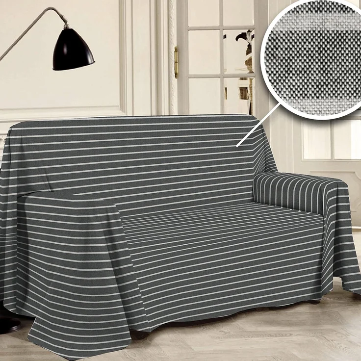 PENSIERI DELICATI Sofabezug 220x290 cm Made in Italy, Garn gefärbtes Abdeckung aus 100% Reiner recycelter Baumwolle, Anthrazit Gestreift, Ideal als Möbel Tuch, Sofa Überzug, Picknickdecke