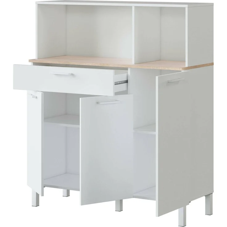 Dmora Kommode Angstrom, zusätzlicher Küchenschrank, Sideboard mit 3 Türen und 1 Schublade mit Regalen, offener Kleiderschrank, 108 x 40 x 126 cm, Weiß und Eiche – Bild 4
