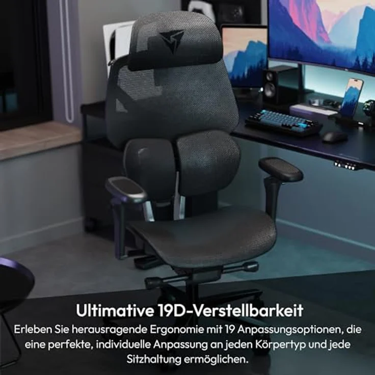 ThunderX3 Flex Pro Mesh, Ergonomischer Bürostuhl mit hoher Rückenlehne, Lendenstütze, 19D Verstellbarkeit, Synchronmechanik, Vorwärtsneigung, Schwarz – Bild 2