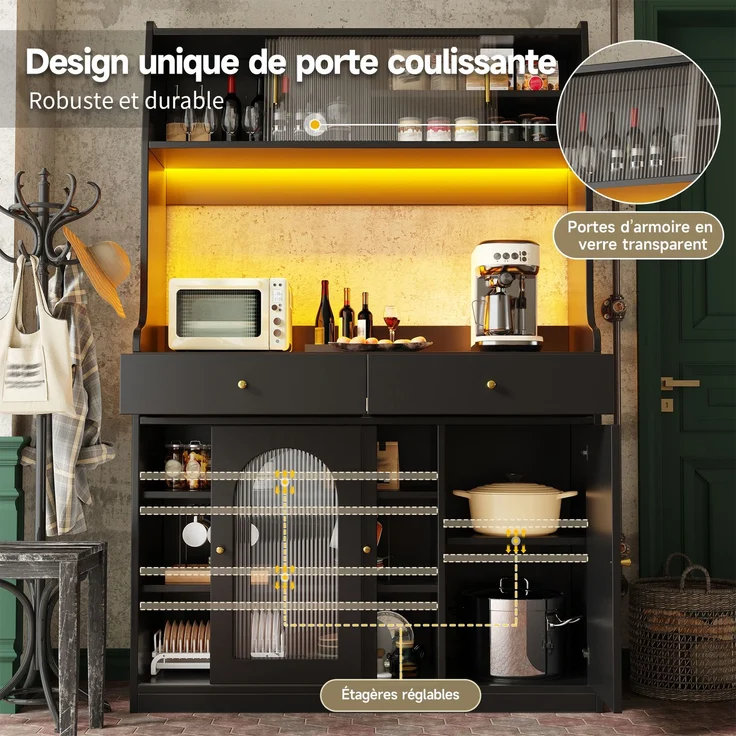 EINHOM Küchenschrank, Hochschrank, Vitrinenschrank, Buffetschrank mit Verstellbaren Ablagen, Esszimmerschrank mit 2 Schubladen, Sideboard mit LED-Beleuchtung, Variable Lichtfarben, Schwarz – Bild 7