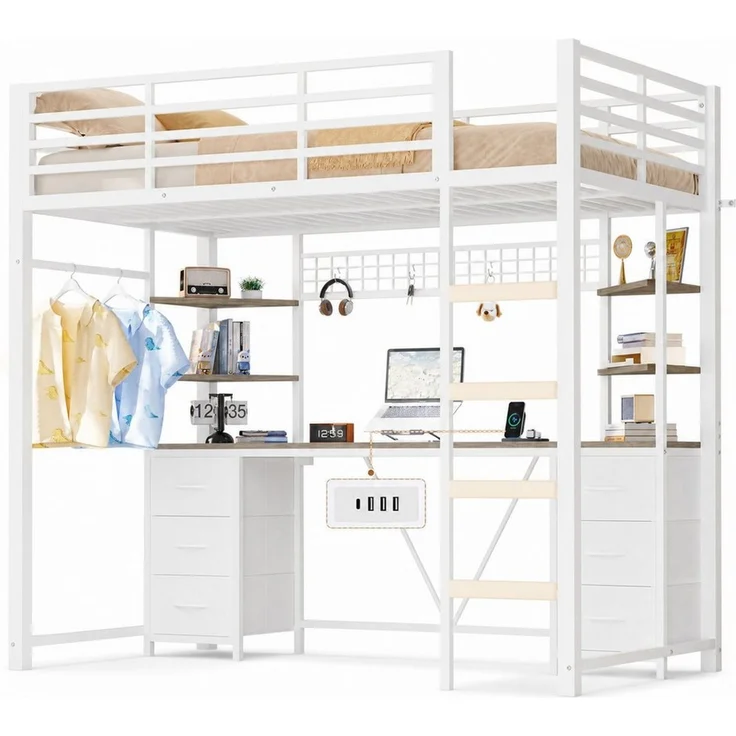 MSMASK Hochbett Jugendbett mit Schreibtisch, 6 großen Schubladen & 4 Ablagen (Ohne Matratze) Kinderbett mit Metall-Rausfallschutz und Leiter, 90x200cm – Bild 3