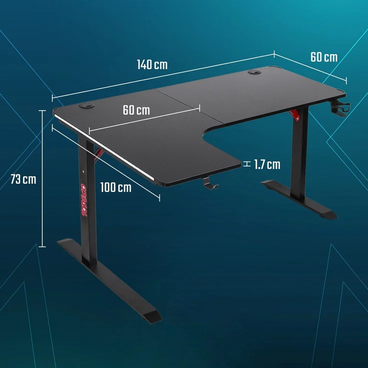 Todeco L-förmiger Gaming-Computertisch mit LED-Leuchten, Eckschreibtisch 140 x 100cm Gaming Schreibtisch, PC Tisch Gaming mit Kohlefaseroberfläche, mit Kopfhörerhaken Getränkehalter – Bild 7