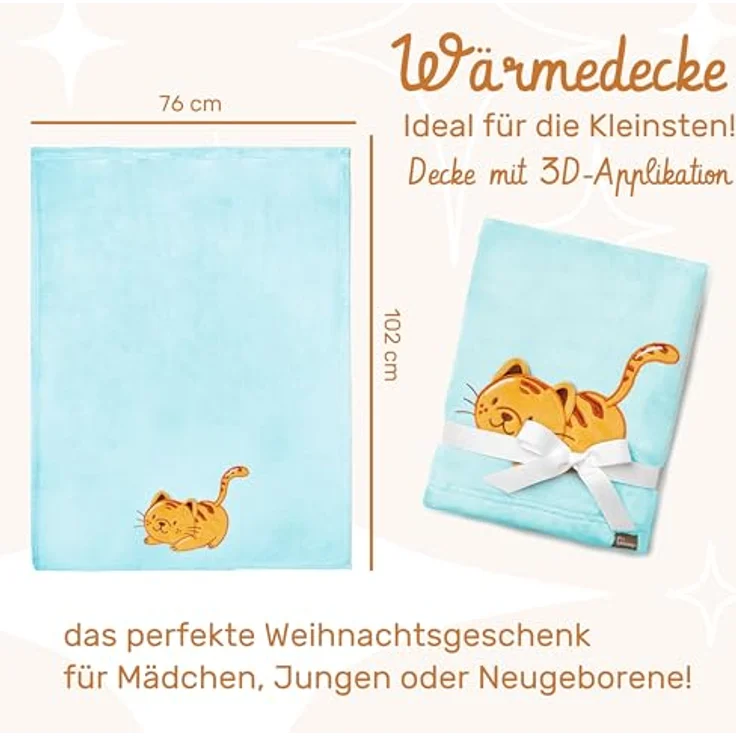 Be Mammy Personalisierte Babydecke mit 3D Applikation Warme Kuscheldecke mit Namen und Geburtsdatum; Perfektes Baby Geschenk; Blanket; Krabbeldecke BE20-280 (Puderblau - Katze) – Bild 3