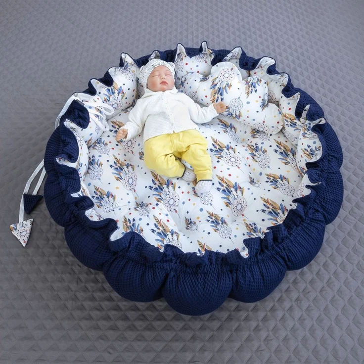 Loolay Bettnestchen Zweiseitig ENGELSNEST XXL Premium WAFFELPIQUE + Decke + Kissen, (Waffepique DUNKELBLAU/ Traumfänger ECRU Ausstattung SET, 2-tlg, Babynestchen Waffel Baumwolle BABYNEST Krabbeldecke Reisebett), Babynestchen Waffel Baumwolle BABYNEST ... – Bild 3