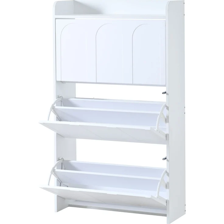 Schuhschrank 140 x 25 x 120 cm aus MDF, weiß, mit 6 Klapptüren und Schublade – Bild 6