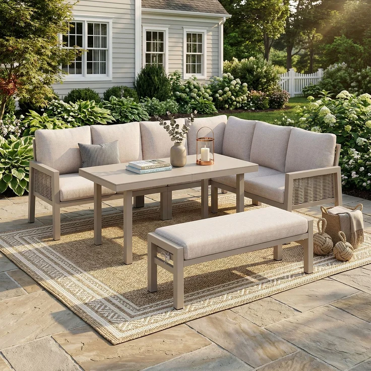 Merax Gartenlounge-Set, Gartenmöbel-Set 7 Sitzer, Gartensofa Eckstellung, mit Esstische, Bänke und Sofas, Khaki – Bild 3