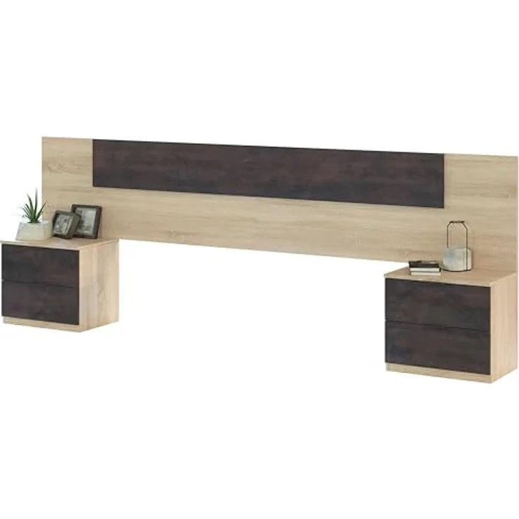Habitdesign, modernes Kopfteil mit 2 Nachttischen und 4 Schubladen – Schlafzimmer-Set in Kanadischer Eiche & Rostoptik, viel Stauraum, Maße: 247 x 95 x 38 cm (B x H x T), Modell Alaya – Bild 1
