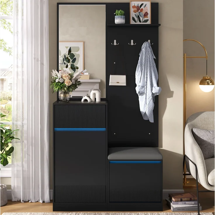 DESVIAE Garderobenschrank Kompaktgarderobe Schwarz aus MDF/Spanplatte – 105x190x38 cm – LED-Beleuchtung – Bild 5