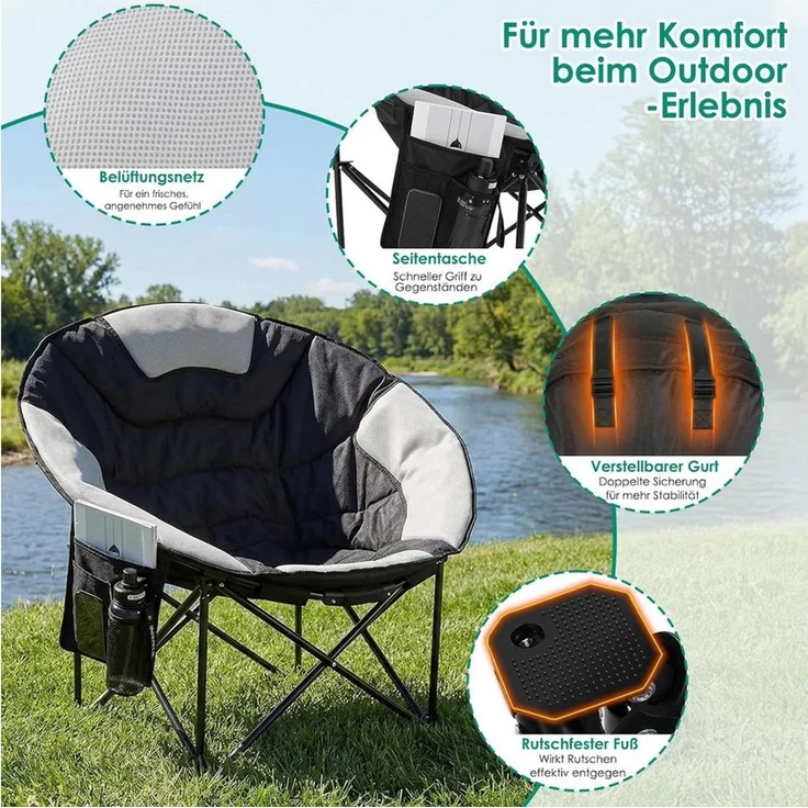 TLGREEN Campingstuhl Moonchair XXL Klappbarer Campingstuhl (150KG Belastbar, Atmungsaktives Netzgewebe, Mit Seitentasche & Tragetasche), Rutschfest, Outdoor Klappstuhl für Garten, Balkon, Angeln, Strand – Bild 4