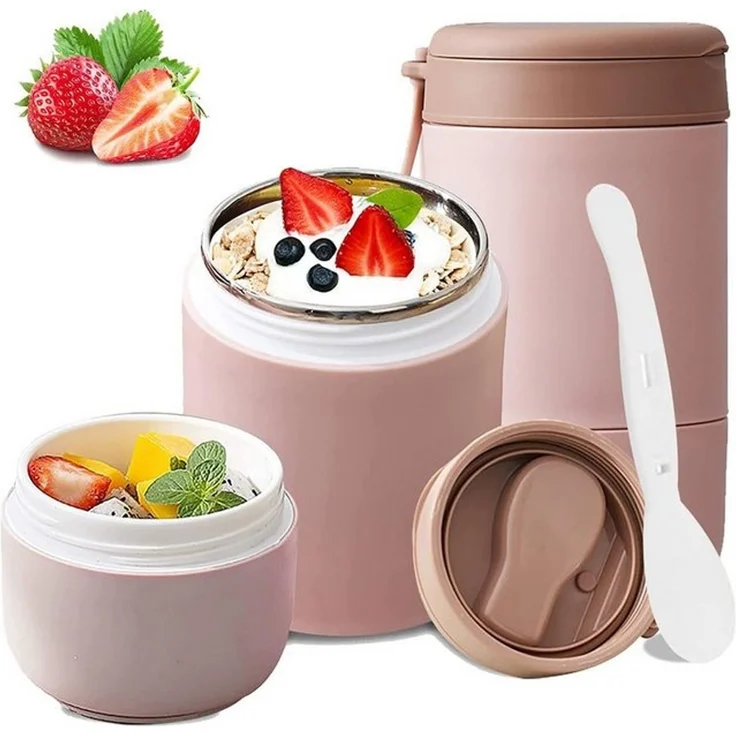 MOPUEA Lunchbox Müslibecher To Go 800 ml Thermobehälter Doppelwandig Joghurtbecher, (1-tlg), mit Löffel auslaufsicher – Bild 4