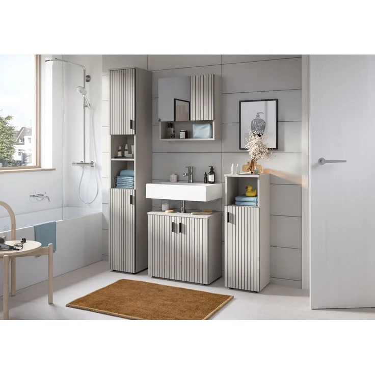 xonox. home – Badschrank Mone 30 x 192 x 30 cm in Kaschmir Nachbildung – Schlanker Hochschrank mit 2 Türen, 4 geschlossenen & 2 offenen Fächern – Platzsparendes Stauraumwunder, elegant & sehr funktional – Bild 5