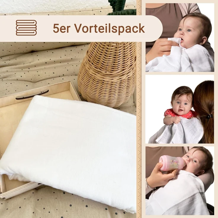 ZOLLNER 5er Set Moltontücher, Wickelunterlagen, 100% Baumwolle, 80x80 cm, weiß – Bild 3