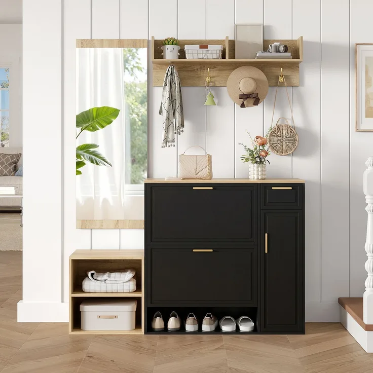 Wohnora-4-teiliges Garderoben-Set – mit Schuhschrank, Sitzbank, Wandgarderobe & Spiegel, komplettes Flurmöbel-Set für Diele und Eingangsbereich, Maße: B1395 x T35 x H166 cm,H 174cm x T 130cm x B 30cm,Natur + Schwarz