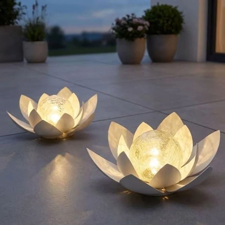 Haushalt International LED Solarleuchte, LED-Leuchtmittel fest verbaut, Warmweiß, LED Solarleuchte Lotusblume weiß Glas Außenleuchte Gartendeko D 27,6cm – Bild 6