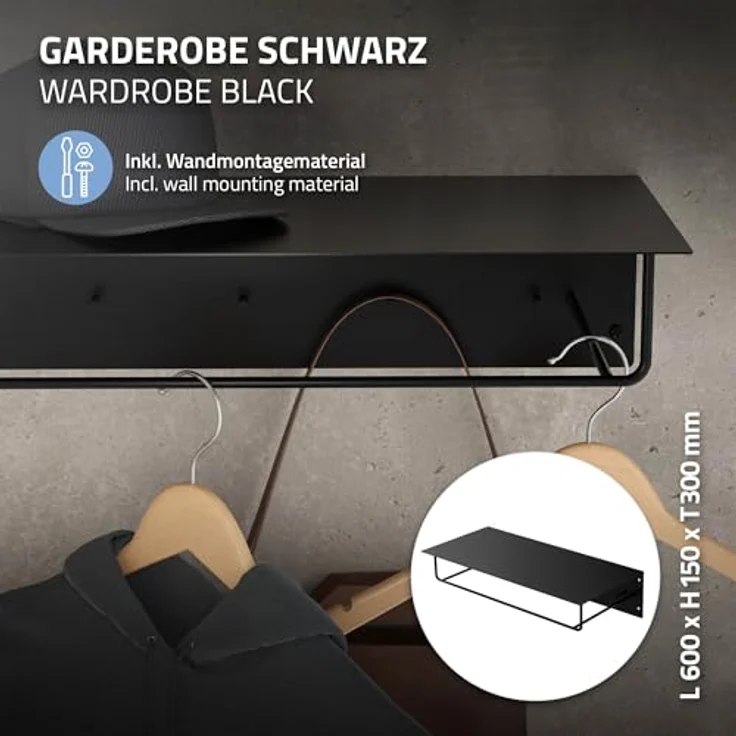 ML-DESIGN Kleiderstange, Schwarz, Metall, 30x15x60 cm, Wandgarderobe mit Hutablage und 5 Jackenaufhängern – Bild 2