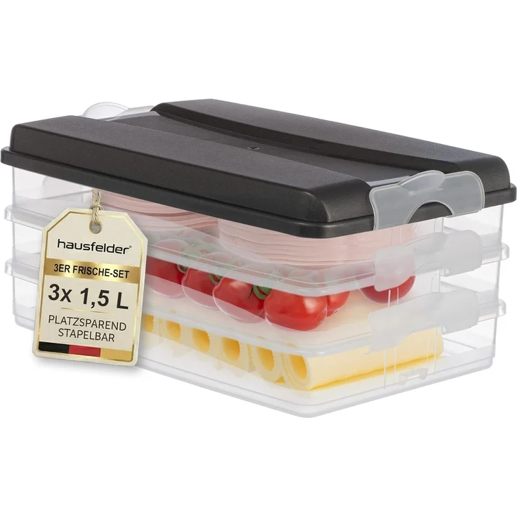 Hausfelder Frischhaltedose Aufschnittdosen 4-teiliges Set (3 x flach + Deckel), Kunststoff, (Set, 4-tlg, 3 x flach + 1 x Deckel), Kühlschrank Organizer, BPA-frei, stapelbar