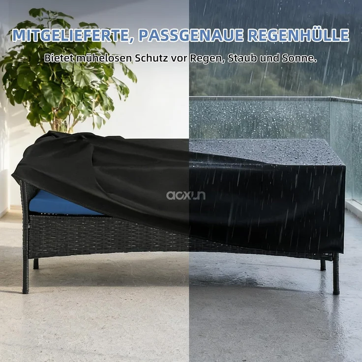 Aoxun 2-Sitzer-Gartenbank aus Rattan, extrabreite Outdoor-Zweisitzerbank mit seitlichem Ablagetisch 144x62x80cm, bequemes Terrassenmöbel-Set mit Kissen und Regenschutz für Garten, Balkon, Marineblau – Bild 5