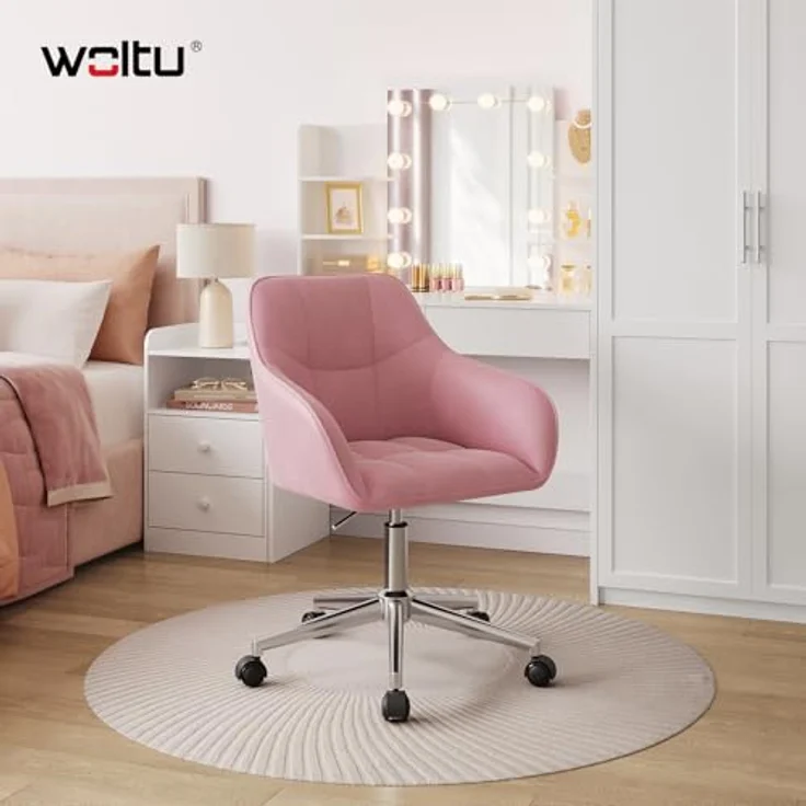 WOLTU Homeoffice Stuhl, Schreibtischstuhl, Drehstuhl, Schminkstuhl, höhenverstellbar, bis 150 kg belastbar, mit Armlehnen Samtsitz, für Schlafzimmer Büro Wohnzimmer, Rosa+Silber BS145rsw – Bild 3