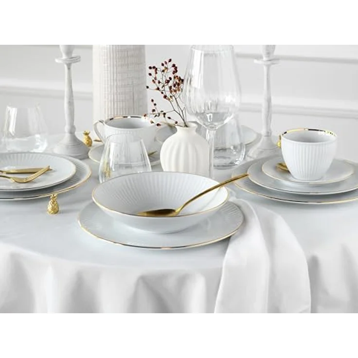 Creatable Kombiservice Valencia, 30-teiliges Geschirr Set aus handbemalter Keramik, Weiß und Gold, lebensmittelecht, stapelbar, 200 ml – Bild 4