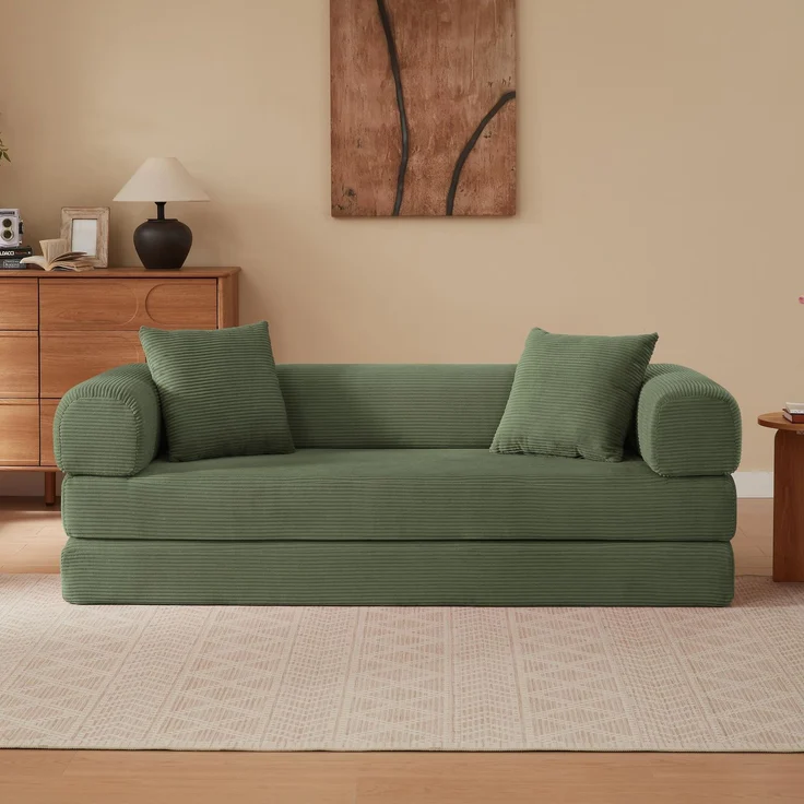 3-Sitzer Cord-Schlafsofa mit Blockboden, umwandelbar in ein flaches Bett, komprimiert verpackt, vollständig mit hochdichtem Schaumstoff gepolstert, keine Montage erforderlich, maximale Belastung 300 kg--Grün--189x89x59cm--YOUDENOVA – Bild 2