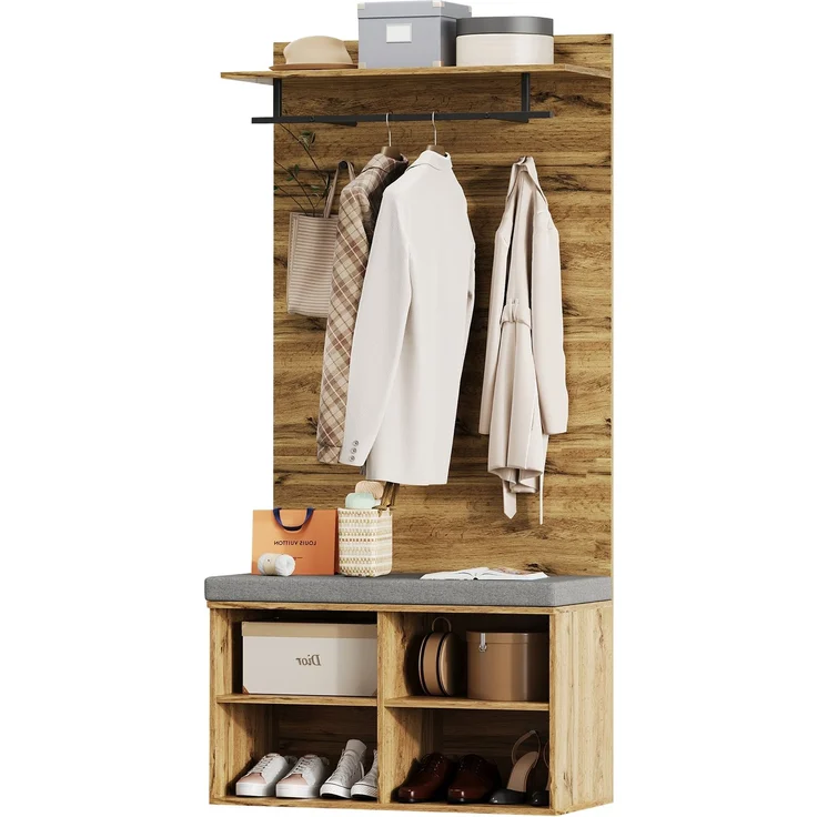 175 cm hohes Garderobenset in Holzoptik mit Schuhbank, verstellbarem Regal, Kleiderstange und Polster – 84 x 32 cm – Praktische Flurmöbel--Eiche--97.79x41.91x13.34cm--YOUDENOVA – Bild 9