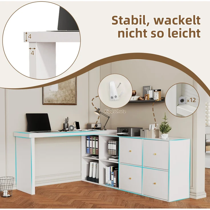 Schreibtisch aus MDF, 360° drehbar mit Stauraum, 120x48x78 cm, Weiß – Bild 8