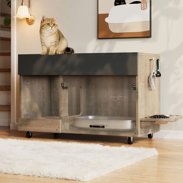 Bewegbarer Katzenkloschrank (Katzentoilettenschrank) – mit Katzenfuttertellern, Sandauffangschale, Lochplatte mit Hakenlöchern, ohne Katzenklo, 100×45,5×67 cm (antikgrau-braune Farbe, Eichenholzfarbe) – Bild 3