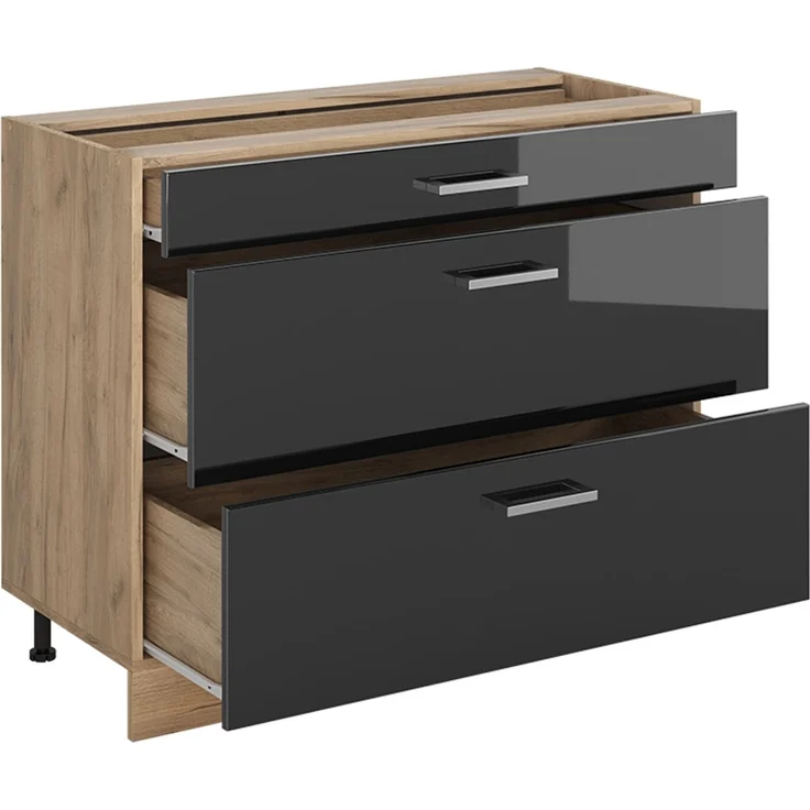 Küchenunterschrank R-Line Anthrazit Hochglanz/Goldkraft Eiche 100 cm Arbeitsplatte Goldkraft Eiche Vicco – Bild 3