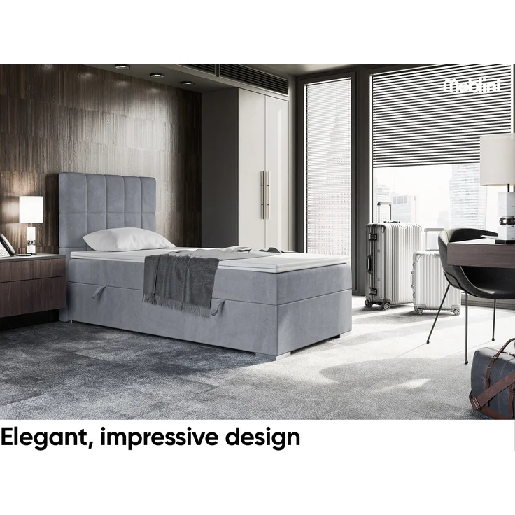 MEBLINI Boxspringbett LUKAS 100x200 cm mit Bettkasten - H3/Grau Samt Gepolstert Einzelbett mit Topper & Taschenfederkern-Matratze - 100x200 Links – Bild 2