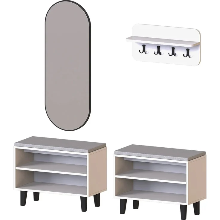 Roomart NORD Garderobenset 4-teilig – 2 offene Sitzbänke, Wandgarderobe & ovaler Spiegel – Flurgarderobe – H 53 x B 73.6 x T 35 cm (Sitzbank) • Weiß – Bild 6