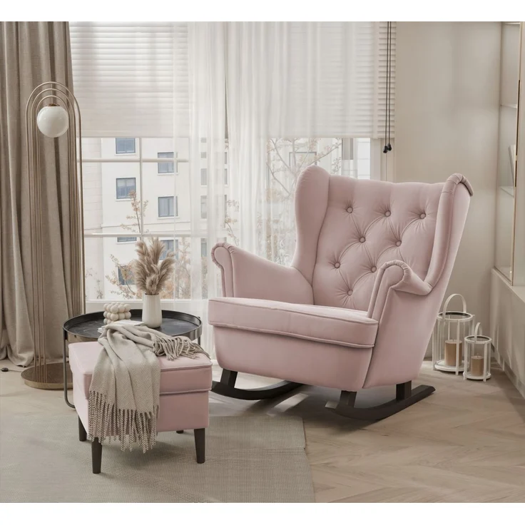 Schaukelsessel Ohrensessel Sessel NINON inkl. Hocker in Stoff Trinity Puderrosa – Bild 1