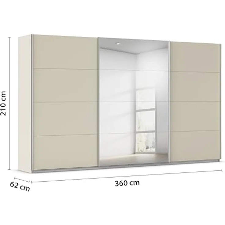 Rauch Möbel Kulmbach, Kleiderschrank mit Schwebetüren für Schlafzimmer, Kinderzimmer, Jugendzimmer, Garderobe, Flur, 3-türig, mit Spiegel, Zubehör Classic, Farbe Beige, Breite 360 cm – Bild 3