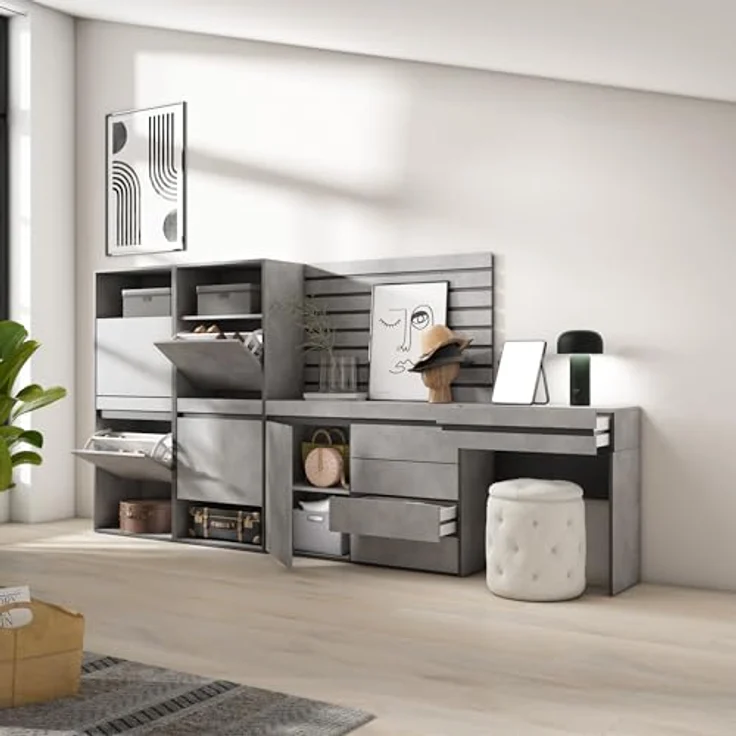 Skraut Home | Schuhregal, Schuhschrank | Schuhaufbewahrung | 297 x 145 x 35 cm | Für Schlafzimmer, Zimmer | Kommode mit Schubladen | Lamellenwand Holz | Schminktisch | Moderner Stil | Zement – Bild 4