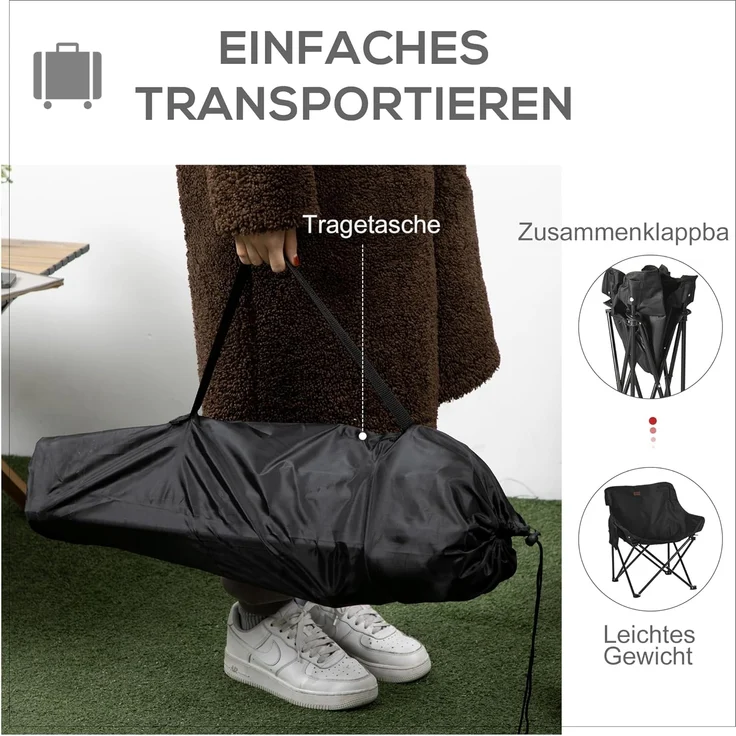 Outsunny Campingstuhl faltbarer Gartenstuhl mit Seitentasche, Stahlrahmen (Klappsessel mit Tragetasche für Pool, Garten, 1 St), Oxfordstoff, Schwarz – Bild 4