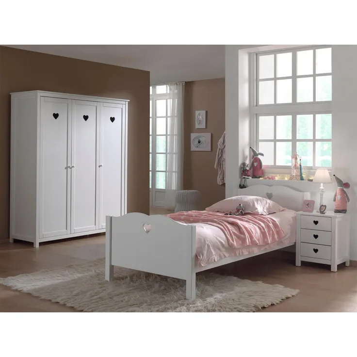 Vipack 4- teiliges Kindermöbel-Set Einzelbett Nachtkonsole, Kleiderschrank, Schreibtisch Set Amori MDF Weiß