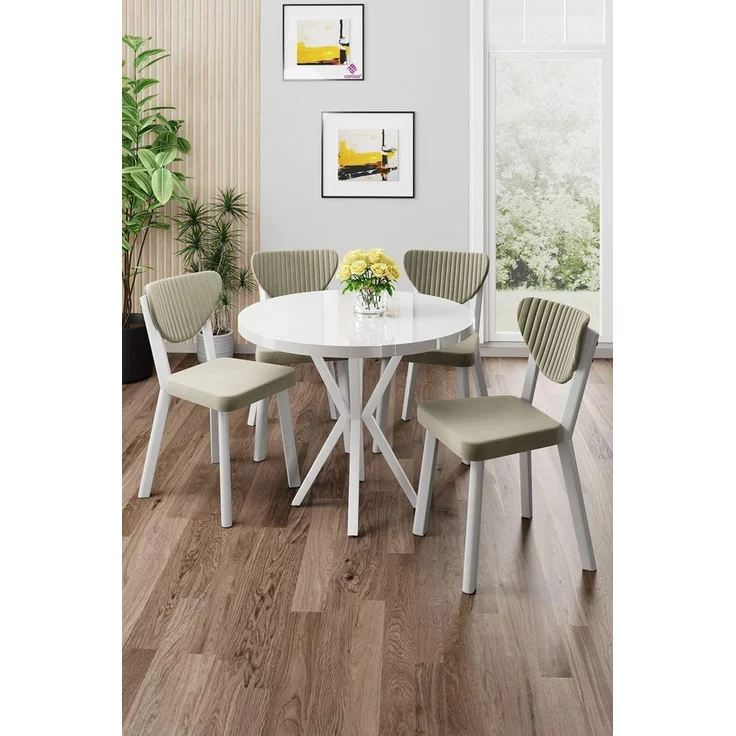 Modernes 5-teiliges Esszimmer-Set mit Tisch und Stühlen, Weiß & Creme, 100% melaminbeschichtete Spanplatte, Metallbeine, skandinavisches Design – Bild 2