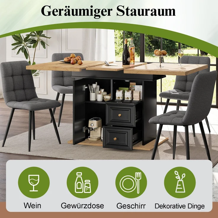 Ausziehbarer Esstisch 110/140x80x75 cm, Holzoptik, mit integriertem Stauraum (Tür, 2 Schubladen, Fach) – Bild 8