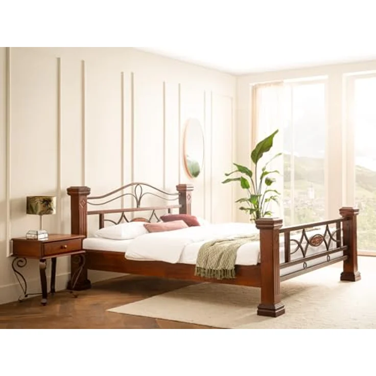 Massives Holzbett 200x200 cm braun rustikal – Doppelbett mit Metallgestell & Holzpfosten – Stabil & stilvoll für gemütliches Schlafzimmer Ambiente – Bild 2