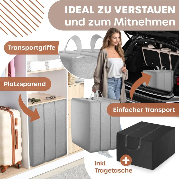 KESSER® Klappmatratze, 3-fach faltbar zum Sitzhocker, Schaumstoff 25kg/m³, extra dick 15cm, atmungsaktiv, waschbar, abnehmbarer Bezug, Matratze inkl. Camping Tragetasche Grau, 140 x 195 x 15 cm – Bild 6
