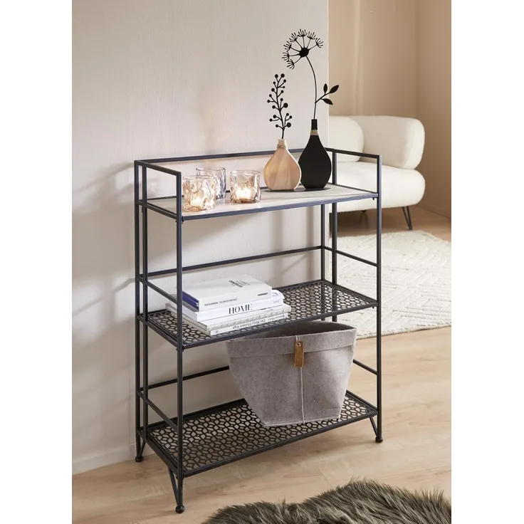 Dekoleidenschaft Standregal "Simply Modern" aus Metall, schwarz & MDF, klappbar, Regal mit 3 Böden, Badregal, Küchenregal, Klappregal, Wohnzimmerregal, Metallregal