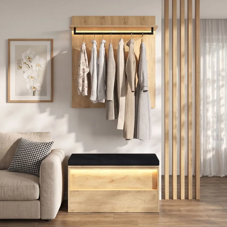 Schuhbank Wandgarderobe Set, Eingangsgarderobe, Sitzbank, mit Garderobe und Schuhbank (2-St), mit 2 LED-Beleuchtung, 1 Kissen, 1 Kleiderstange, 90 x 47 x 145 cm, anthrazit-eiche--Holz--90x47x145cm--YOUDENOVA – Bild 1