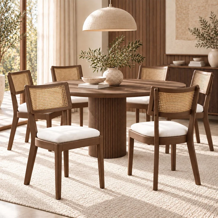 4 Esszimmerstühle aus Massivholz mit Rattan-Rückenlehnen, bequem und atmungsaktiv, geeignet für Esszimmer, Wohnzimmer, Cafés, moderner Stil, Leinen, Walnussholzfarbe und Beige – Bild 2