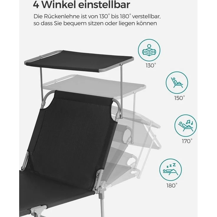 Songmics Gartenliege klappbar, mit Kopfstütze und verstellbarer Rückenlehne, 2x Sonnenliege, mit Seitentasche, Schwarz, 53 x 193 x 29 cm – Bild 2
