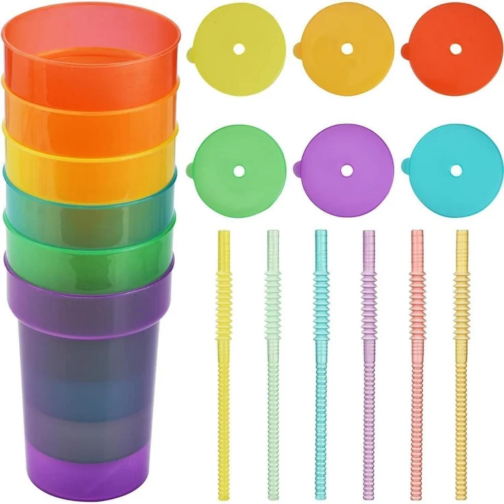 ALINK 6er Pack Neon Kinder Party Becher Set Deckel Strohhalm 380ml – Bild 4